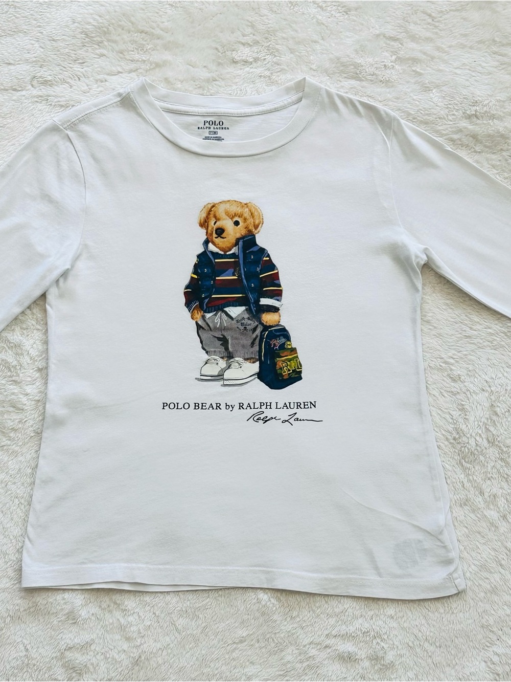 Polo Ralph Lauren Boys Size 7 Hudson Valley Military Bear Long Sleeve Tee White